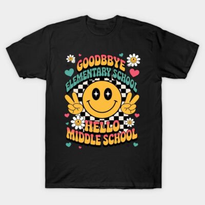 Black T-shirt with colorful "Goodbye Elementary, Hello Middle School" design, smiley face, and heart accents.