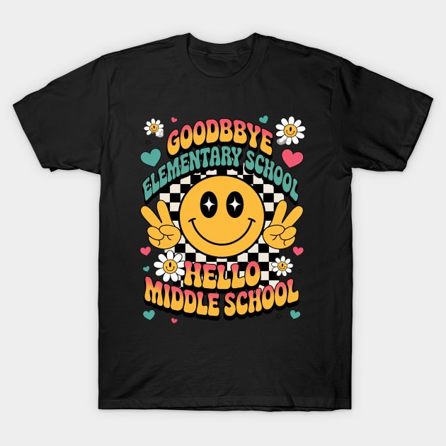 Black T-shirt with colorful "Goodbye Elementary, Hello Middle School" design, smiley face, and heart accents.
