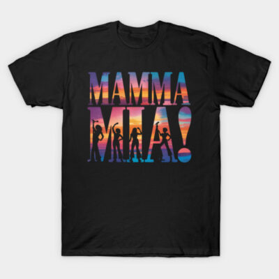 Black t-shirt with colorful "Mamma Mia!" graphic design, featuring silhouettes, perfect for casual wear.