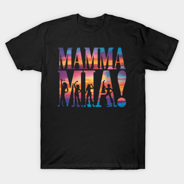 Black t-shirt with colorful "Mamma Mia!" graphic design, featuring silhouettes, perfect for casual wear.