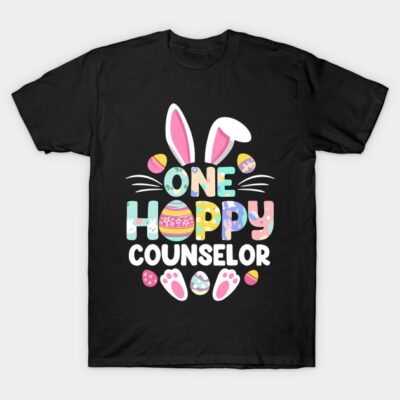 Black novelty t-shirt with colorful Easter-themed "One Hoppy Counselor" design featuring bunny ears and eggs.
