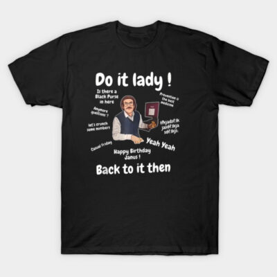 Black graphic t-shirt with quirky text and cartoon design, casual style, ideal for everyday wear and gifting.