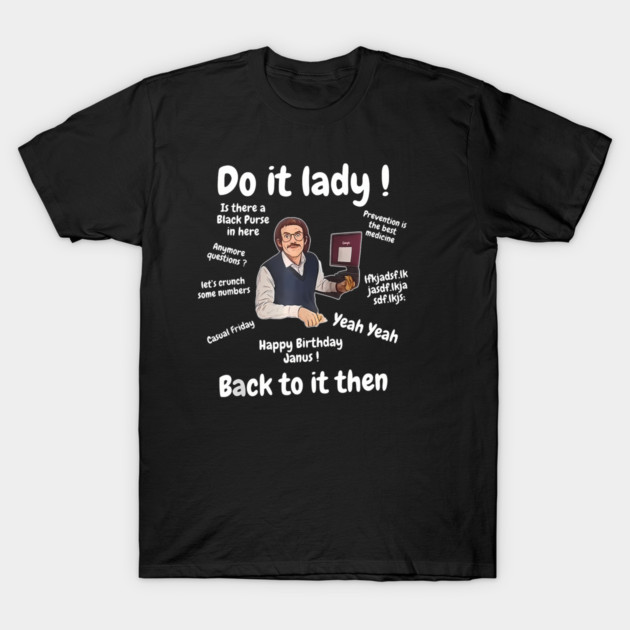 Black graphic t-shirt with quirky text and cartoon design, casual style, ideal for everyday wear and gifting.