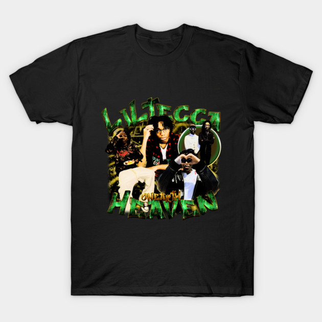 Black graphic t-shirt with vibrant design, featuring text and images, ideal for casual wear and music enthusiasts.