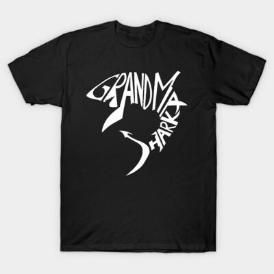 Black t-shirt with white "Grandma Shark" graphic, casual style, made of soft cotton. Perfect for everyday wear.
