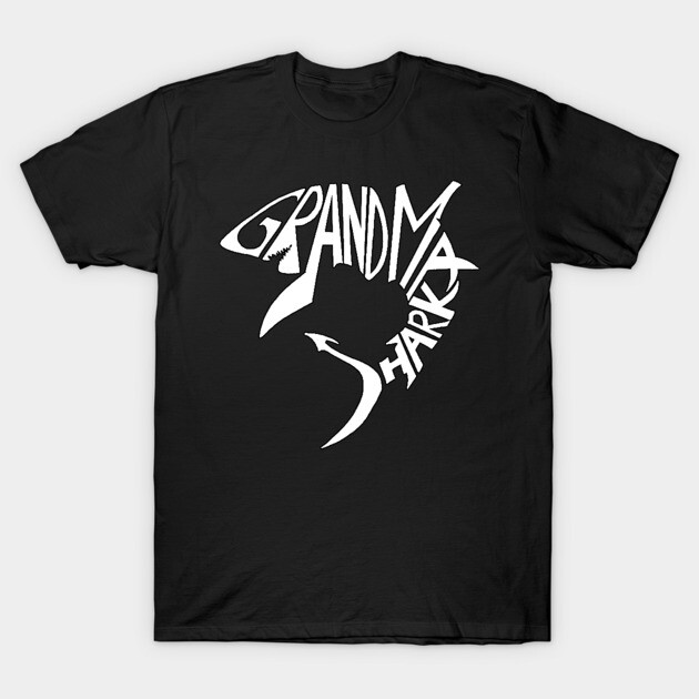 Black t-shirt with white "Grandma Shark" graphic, casual style, made of soft cotton. Perfect for everyday wear.