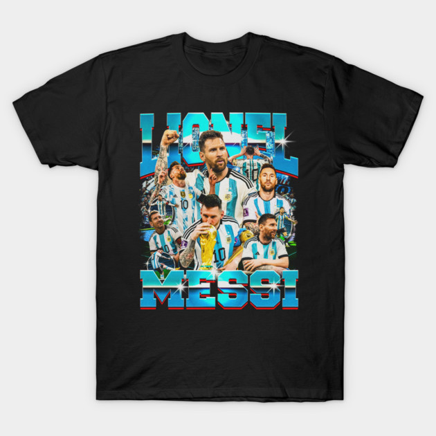 Black graphic t-shirt featuring collage design and bold blue text, ideal for casual wear and sports fans.
