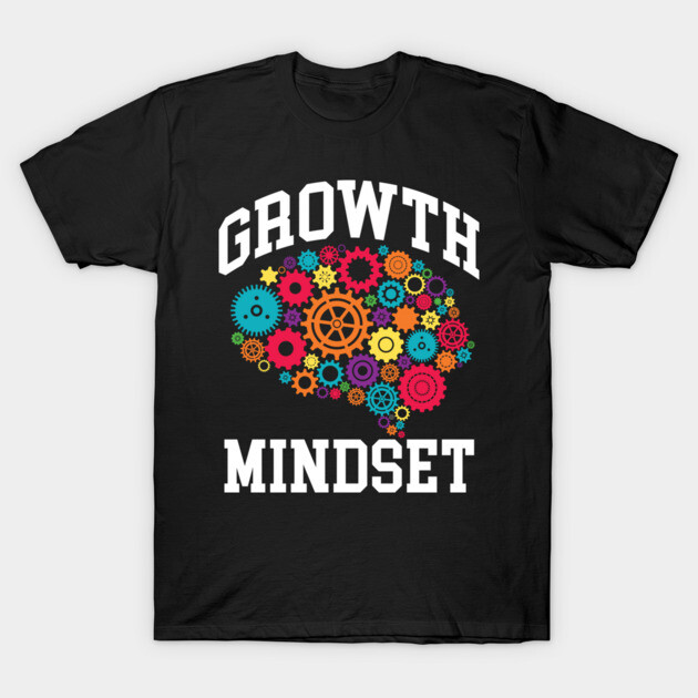 Black "Growth Mindset" t-shirt with colorful gear brain design, unisex casual style, perfect for motivation and inspiration.