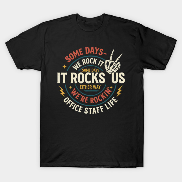 Black graphic T-shirt with rock-themed "Office Staff Life" print, casual wear for office workers, cotton material.