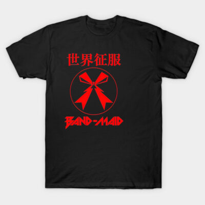 Black t-shirt with red graphic design and text, featuring bold style for casual wear. Cotton material, unisex fit.