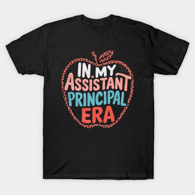 Black T-shirt with colorful "In My Assistant Principal Era" text design, casual style, cotton material.
