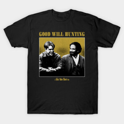 "Black Good Will Hunting graphic t-shirt, casual style, featuring iconic movie scene and text, cotton material."