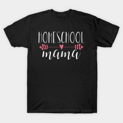 Black "Homeschool Mama" T-shirt with white and pink text, casual style, perfect for homeschooling parents.