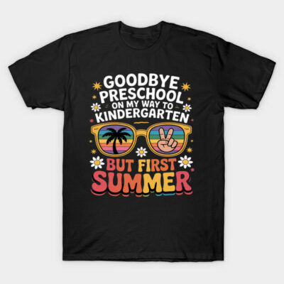Black t-shirt with colorful "Goodbye Preschool" summer print, ideal for kids transitioning to kindergarten.