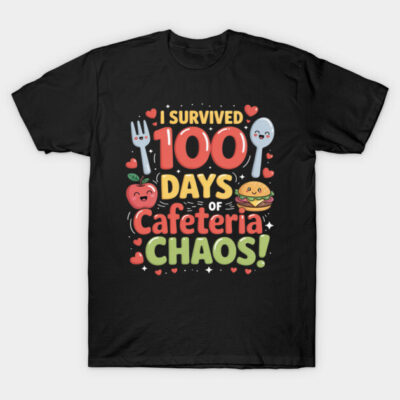 Black t-shirt with "I Survived 100 Days of Cafeteria Chaos" graphic, featuring playful food characters. Fun school theme.