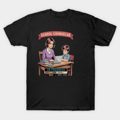 Black "School Counselor in Progress" T-shirt, featuring a cartoon design of a counselor and child at a desk with books.