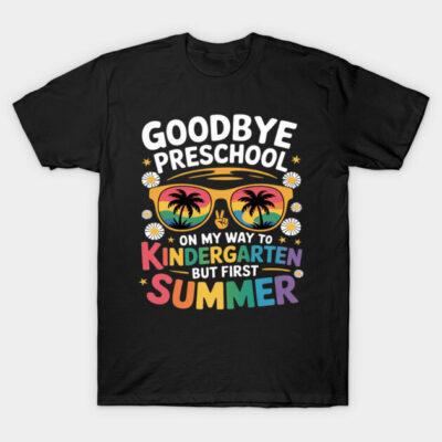 Black t-shirt with colorful "Goodbye Preschool, Hello Kindergarten" summer design, featuring palm trees and sunglasses.