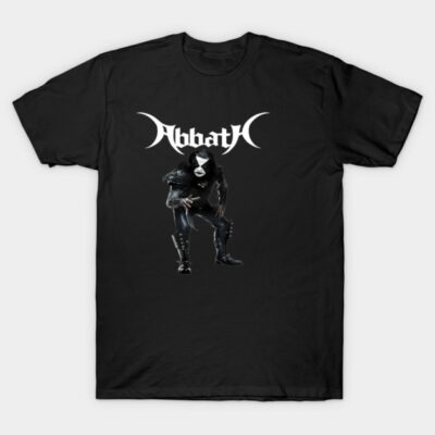 Black Abbath graphic T-shirt, featuring bold logo and design, perfect for fans, casual wear, soft cotton material.