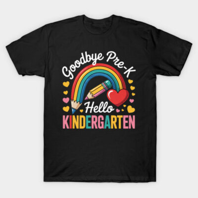 "Black t-shirt with 'Goodbye Pre-K, Hello Kindergarten' rainbow design, colorful pencil, and heart graphics, cotton material."