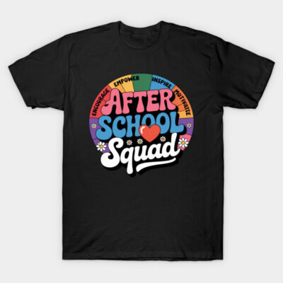 Black T-shirt with colorful "After School Squad" design, motivational text, casual style, cotton material.