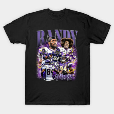 Black graphic T-shirt featuring football-themed design with vibrant purple and white accents, perfect for sports fans.