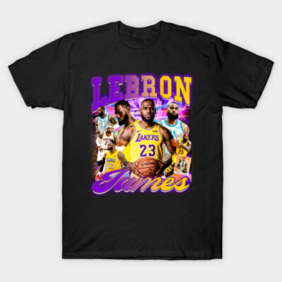 Black basketball-themed graphic t-shirt with vibrant colors, featuring player imagery, ideal for sports fans and casual wear.