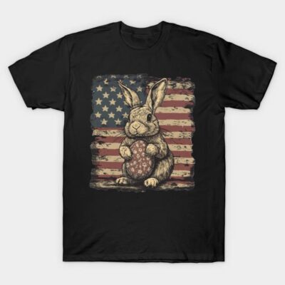 Black t-shirt featuring vintage-style bunny with American flag background, perfect for casual wear or patriotic events.