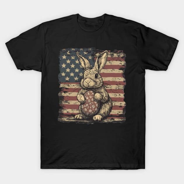 Black t-shirt featuring vintage-style bunny with American flag background, perfect for casual wear or patriotic events.