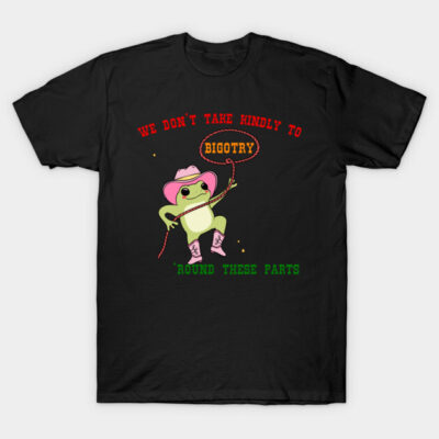 Black t-shirt with cute frog in cowboy hat, pink boots, and lasso, featuring anti-bigotry text, casual wear.