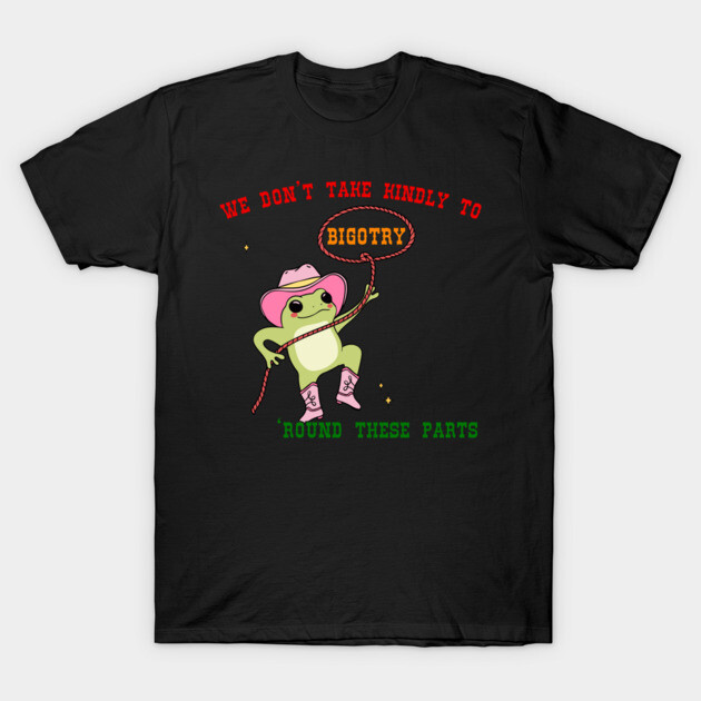 Black t-shirt with cute frog in cowboy hat, pink boots, and lasso, featuring anti-bigotry text, casual wear.