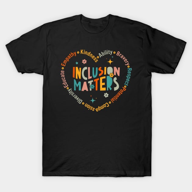 Black "Inclusion Matters" T-shirt, colorful text design, casual wear, soft cotton fabric, unisex style.