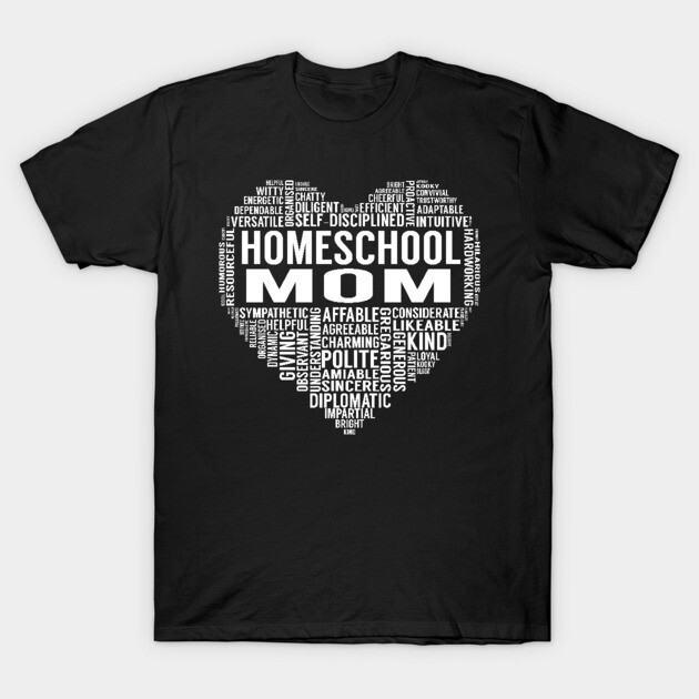 Black "Homeschool Mom" T-shirt with heart-shaped word art, ideal for casual wear, made from soft cotton.
