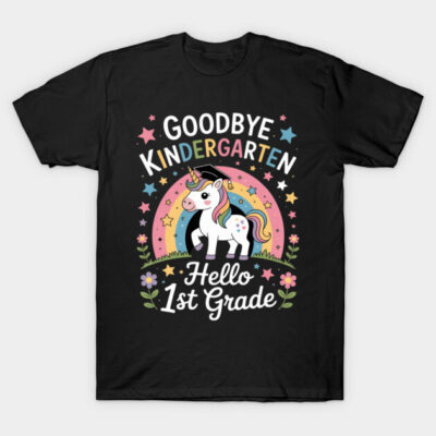 Black T-shirt with colorful unicorn and text design, perfect for kindergarten graduation or first grade celebration.