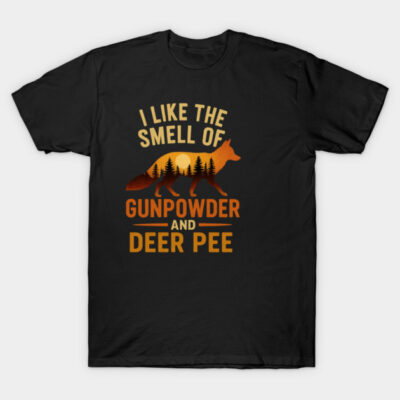 Black t-shirt with orange hunting-themed graphic, featuring a fox silhouette, trees, and humorous text.