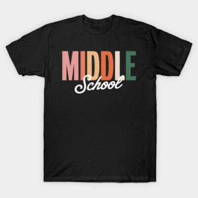Black cotton t-shirt with "Middle School" text in colorful block letters. Casual, comfortable fit for everyday wear.