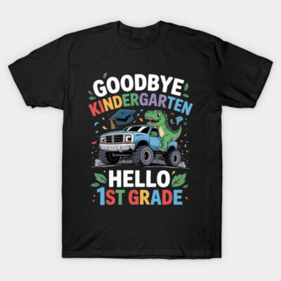 Black children's t-shirt with colorful "Goodbye Kindergarten, Hello 1st Grade" dinosaur and truck graphic.