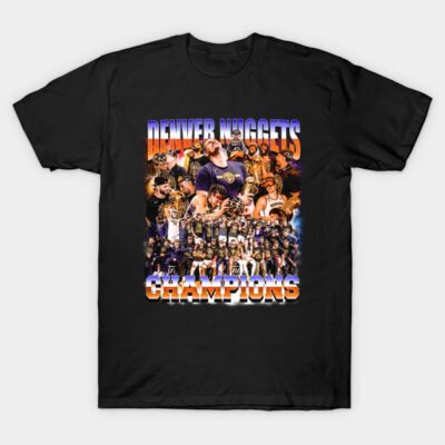 Black Denver Nuggets champions graphic T-shirt, featuring colorful team celebration design, ideal for basketball fans.