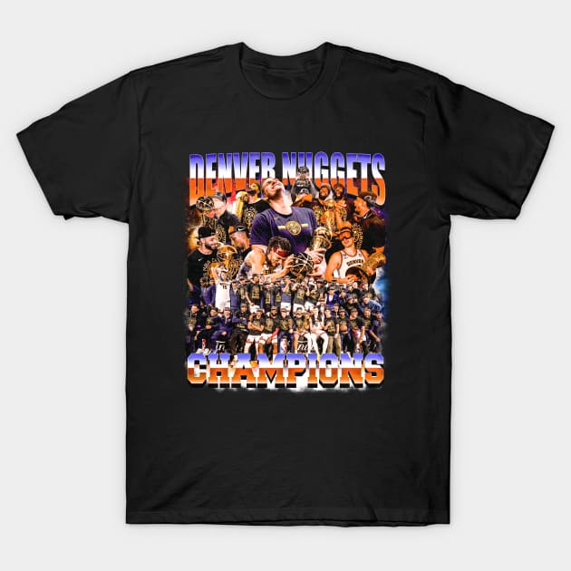 Black Denver Nuggets champions graphic T-shirt, featuring colorful team celebration design, ideal for basketball fans.