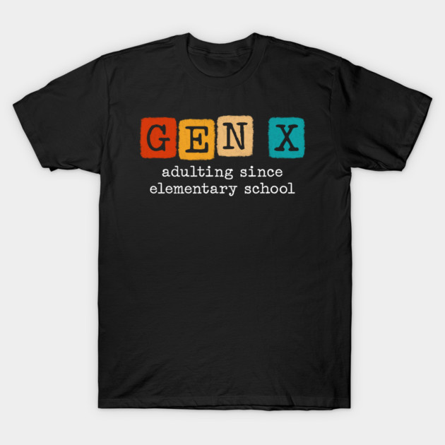 Black "Gen X Adulting" t-shirt, colorful block letters, casual style, cotton fabric, perfect for everyday wear.