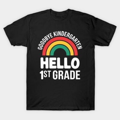 Black T-shirt with rainbow graphic and "Goodbye Kindergarten, Hello 1st Grade" text, perfect for school promotion.