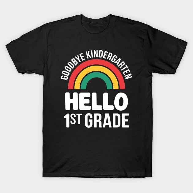 Black T-shirt with rainbow graphic and "Goodbye Kindergarten, Hello 1st Grade" text, perfect for school promotion.