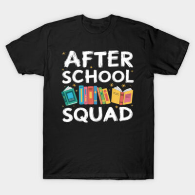 Black t-shirt with "After School Squad" text and colorful book graphics, perfect for casual wear and book lovers.