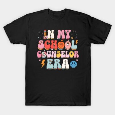 Black T-shirt with colorful "In My School Counselor Era" graphic design, casual style, cotton material.