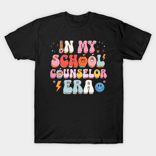 Black T-shirt with colorful "In My School Counselor Era" graphic design, casual style, cotton material.