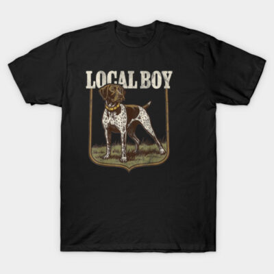 Black T-shirt with "Local Boy" text and dog graphic, casual wear, 100% cotton, unisex design.