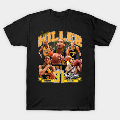 Black basketball-themed graphic T-shirt featuring player montage and number 31, ideal for sports fans.