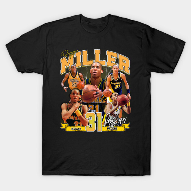 Black basketball-themed graphic T-shirt featuring player montage and number 31, ideal for sports fans.