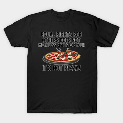 Black t-shirt with "Equal Rights" and pizza graphic, casual style, cotton material, unisex design, perfect for everyday wear.