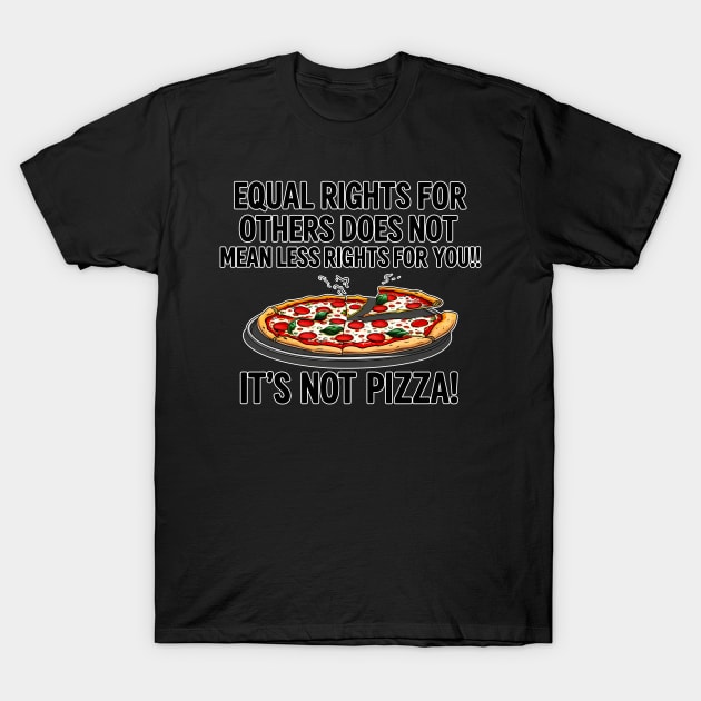 Black t-shirt with "Equal Rights" and pizza graphic, casual style, cotton material, unisex design, perfect for everyday wear.