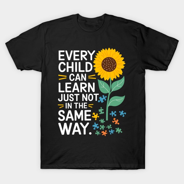 Black t-shirt with sunflower and puzzle design, featuring motivational text for learning diversity.